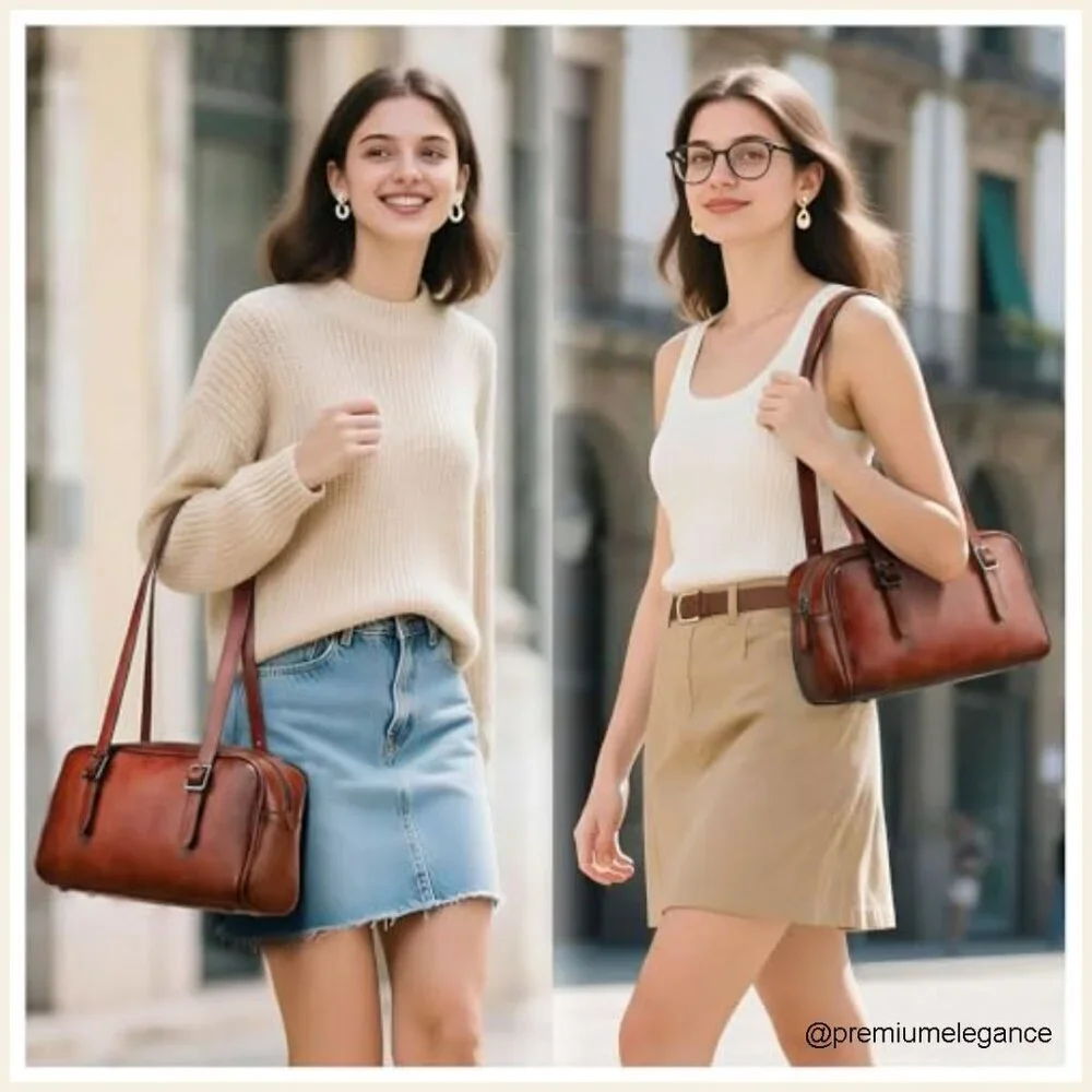 Genuine Leather Hobo Shoulder Bag with Adjustable Straps, Zipper Closure